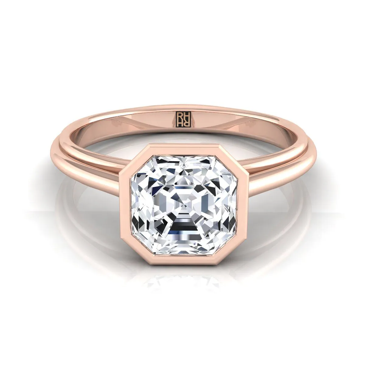 14K Rose Gold Asscher Cut  Bezel Halo Cathedral Solitaire Engagement Ring