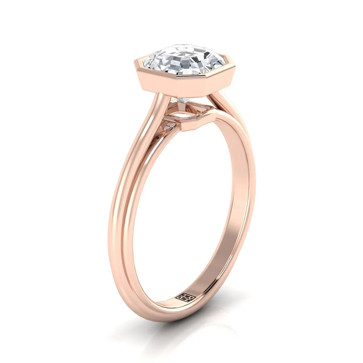 14K Rose Gold Asscher Cut  Bezel Halo Cathedral Solitaire Engagement Ring