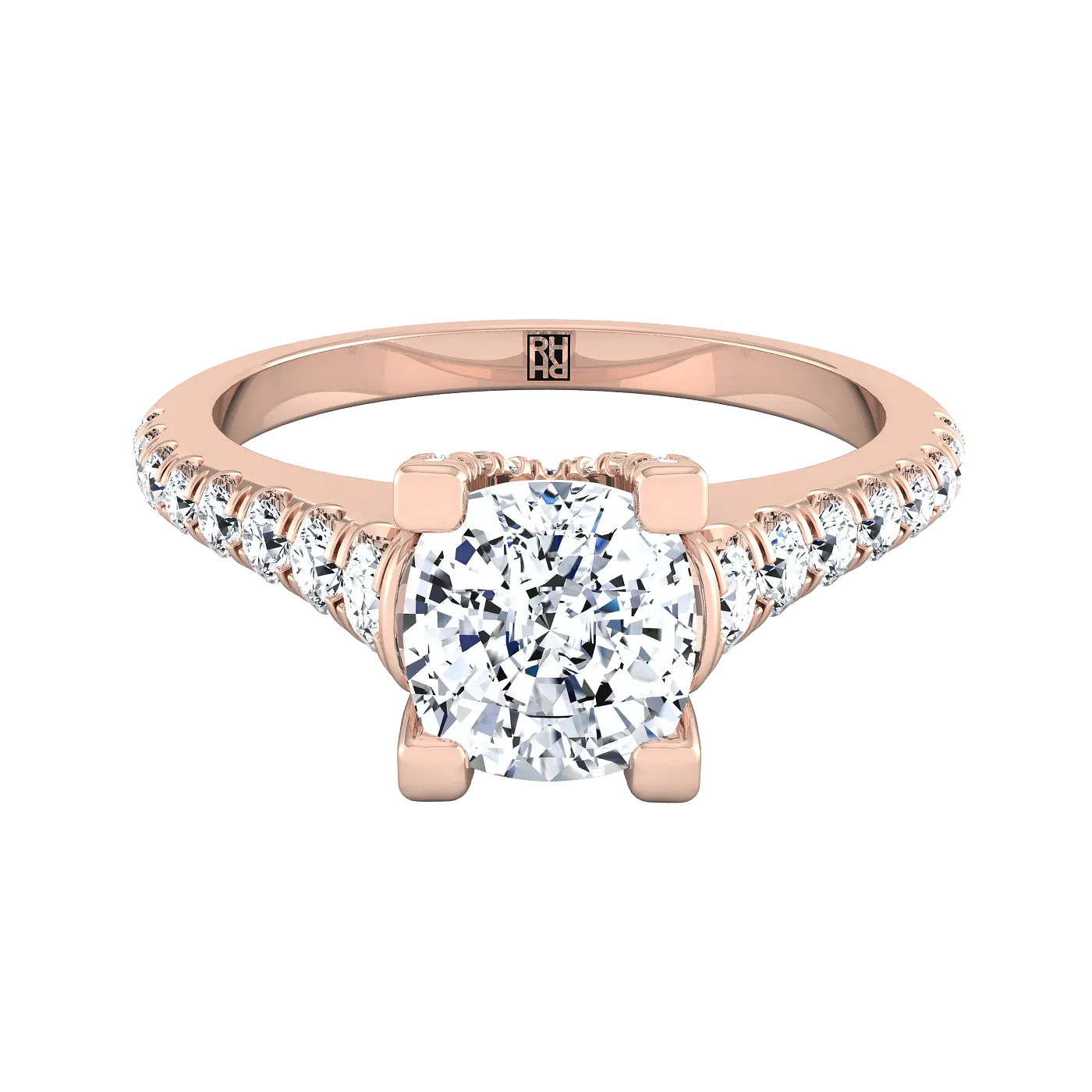 14K Rose Gold Cushion Diamond Pave Prong Linear Engagement Ring -1/2ctw