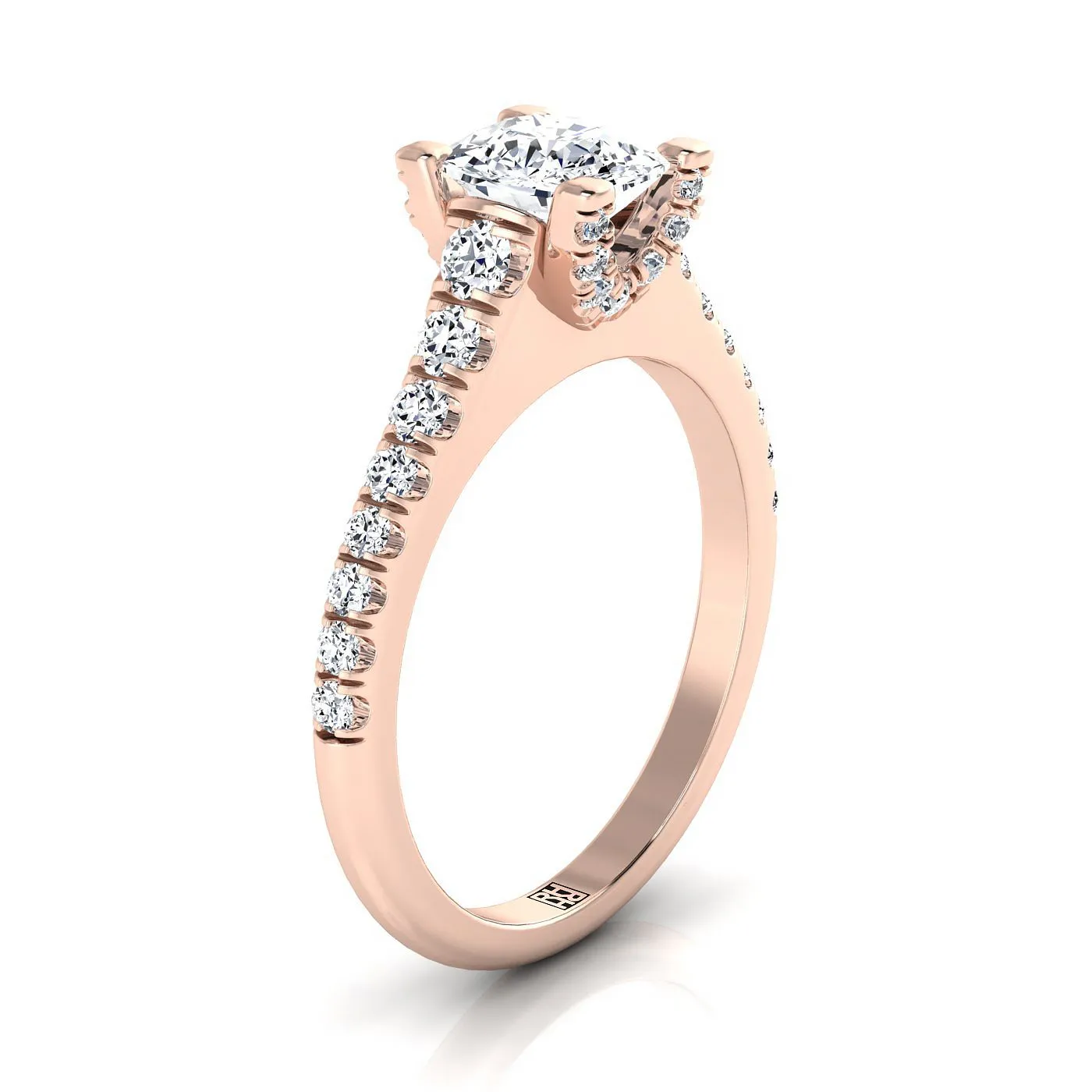 14K Rose Gold Cushion Diamond Pave Prong Linear Engagement Ring -1/2ctw