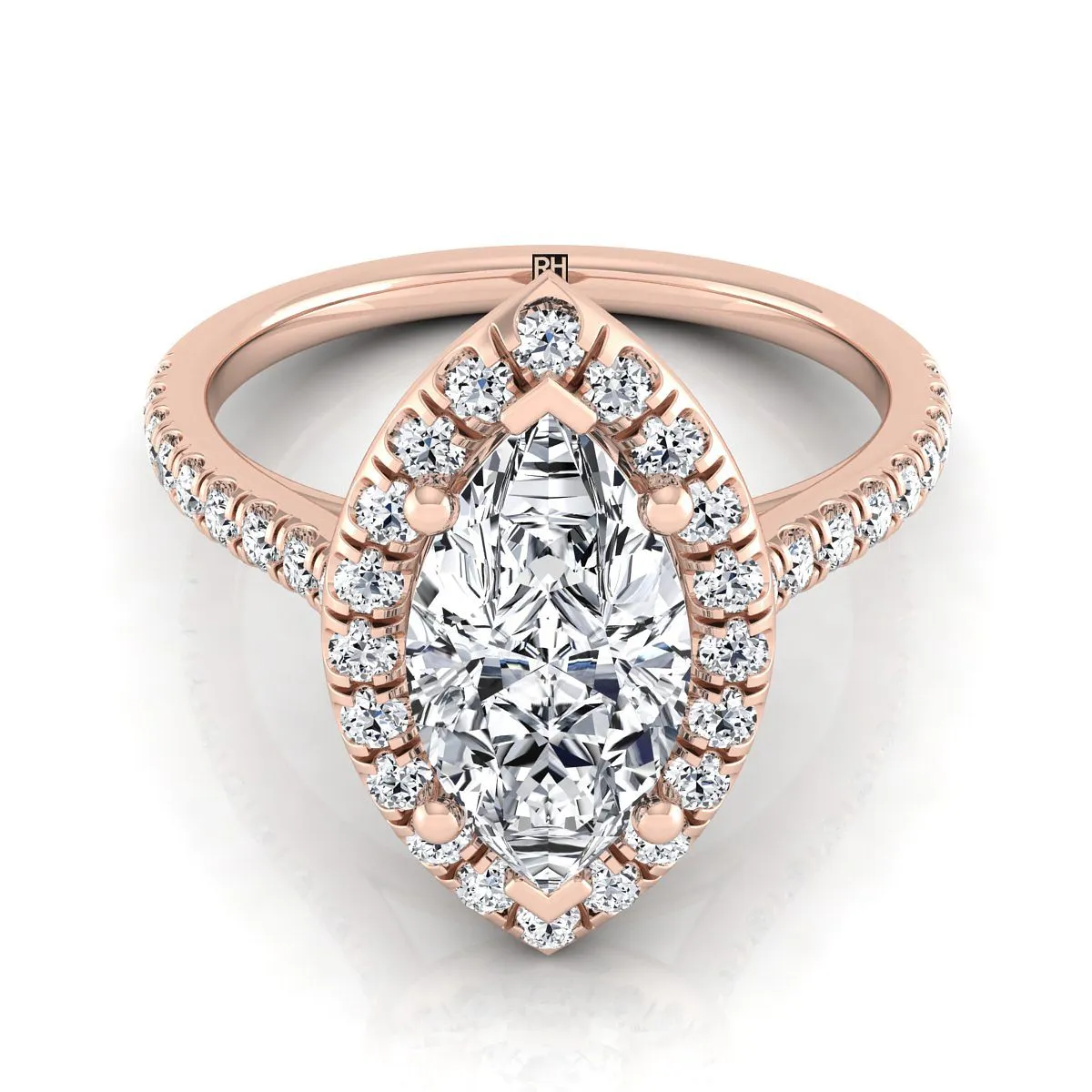 14K Rose Gold Marquise  Classic French Pave Halo and Linear Engagement Ring -1/2ctw