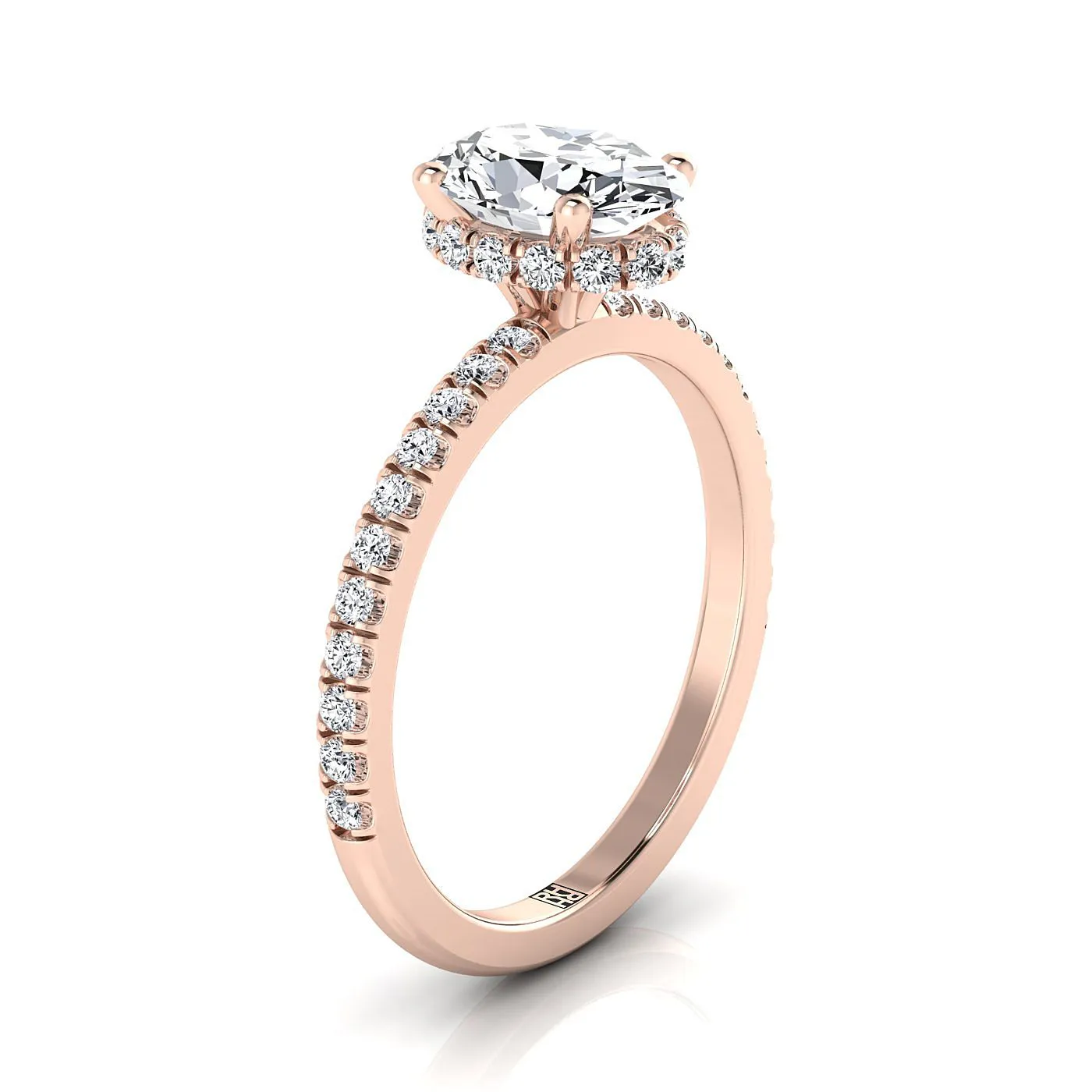 14K Rose Gold Oval Aquamarine Secret Diamond Halo French Pave Solitaire Engagement Ring -1/3ctw