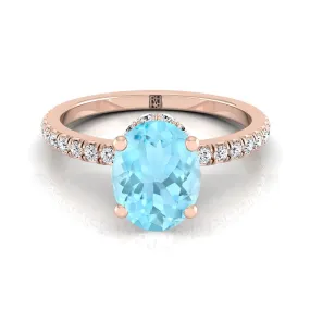 14K Rose Gold Oval Aquamarine Secret Diamond Halo French Pave Solitaire Engagement Ring -1/3ctw