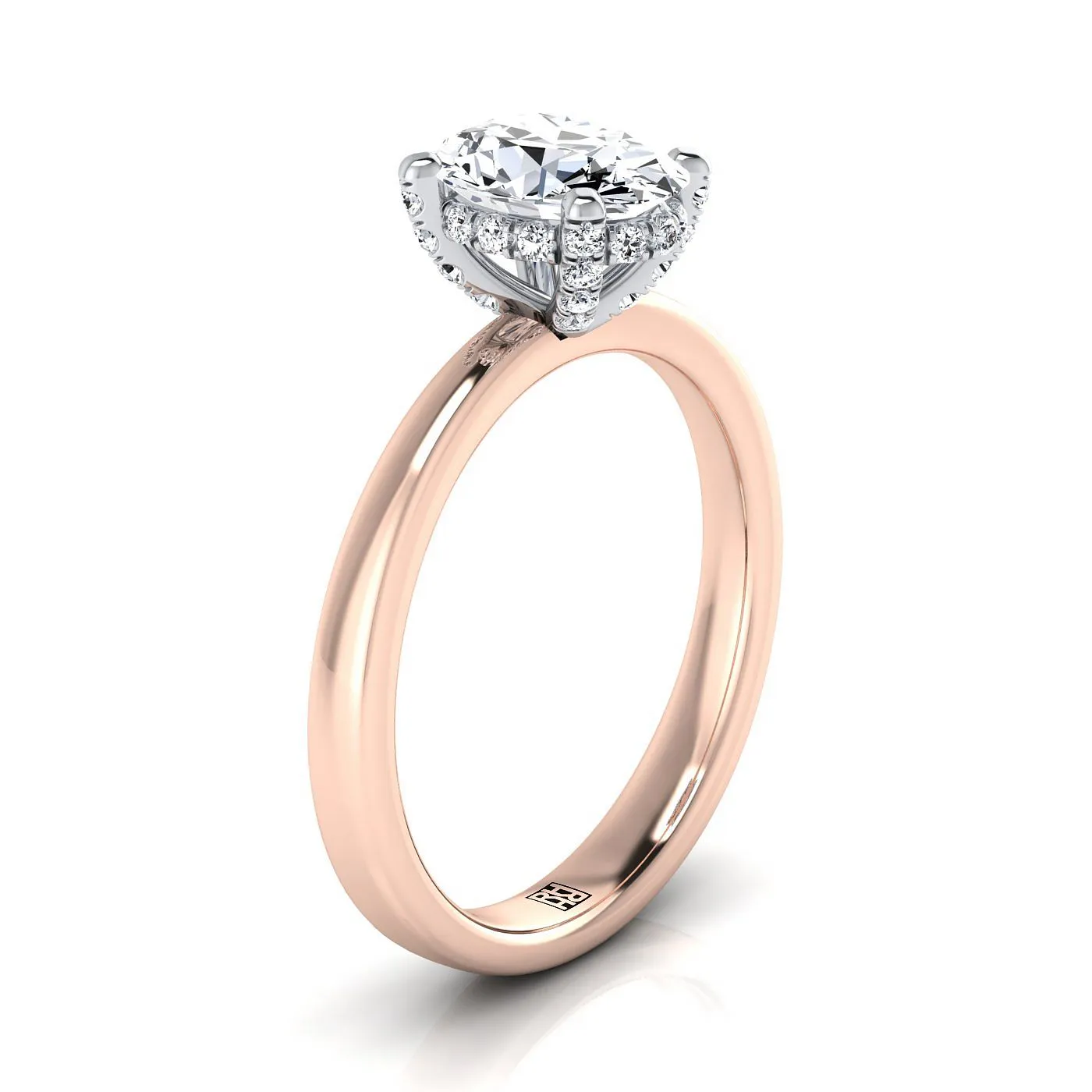 14K Rose Gold Oval Diamond Hidden Pave Basket Crown Solitaire Engagement Ring -1/10ctw