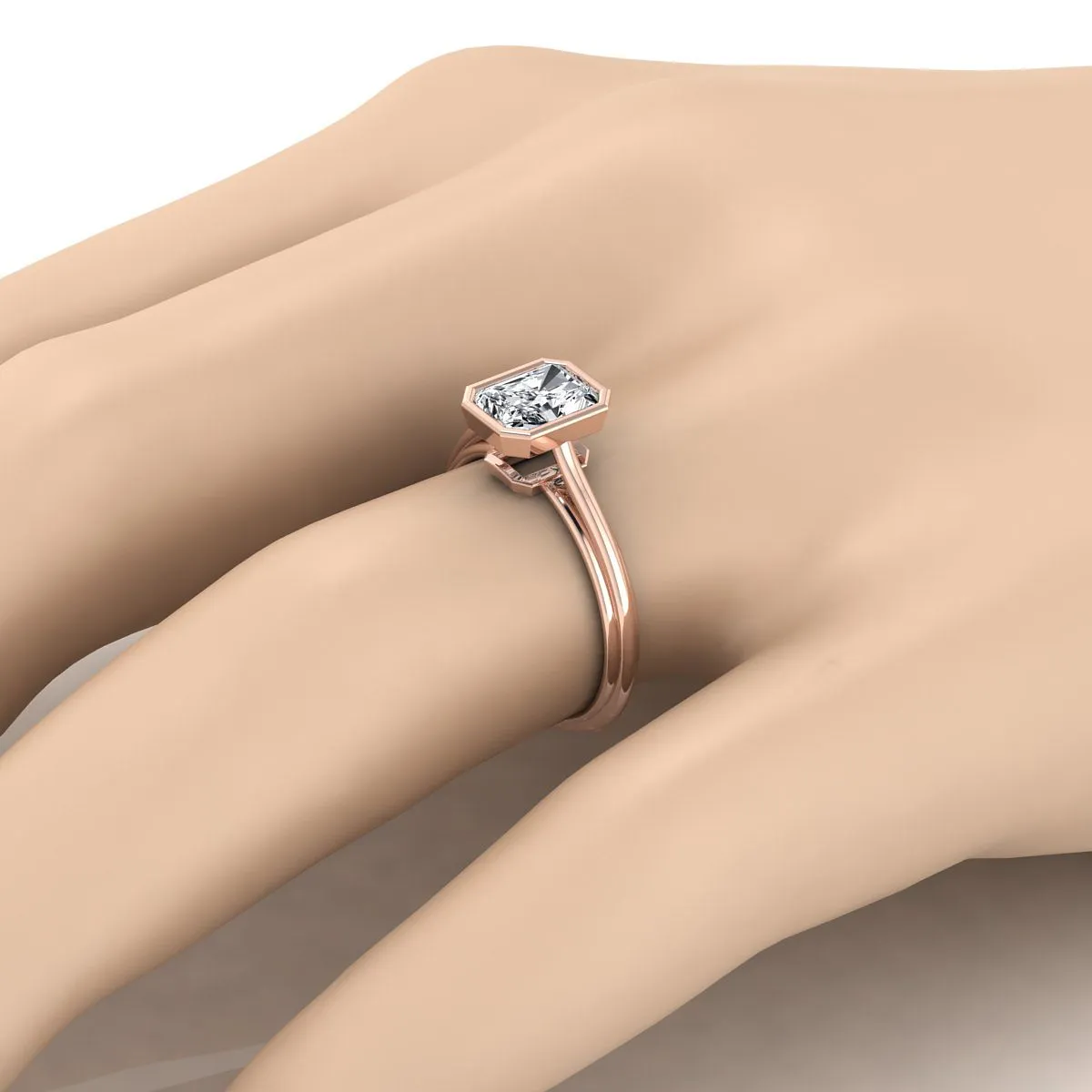 14K Rose Gold Radiant Cut Center  Bezel Halo Cathedral Solitaire Engagement Ring