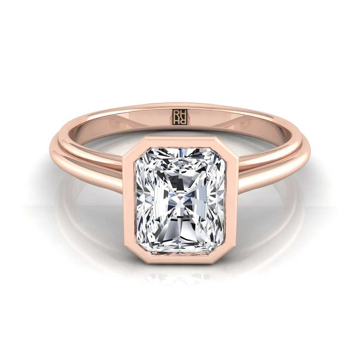 14K Rose Gold Radiant Cut Center  Bezel Halo Cathedral Solitaire Engagement Ring