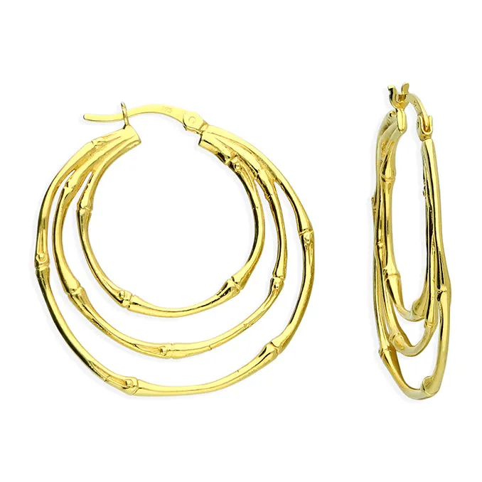 18ct Gold Plated Silver Triple Bamboo Style Hoop Earrings