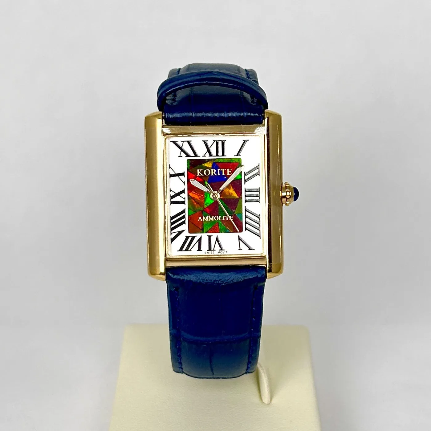 Ammolite Watch- Small- Roman Mosaic Rectangle Watch-Navy Blue Leather Strap (Korite)