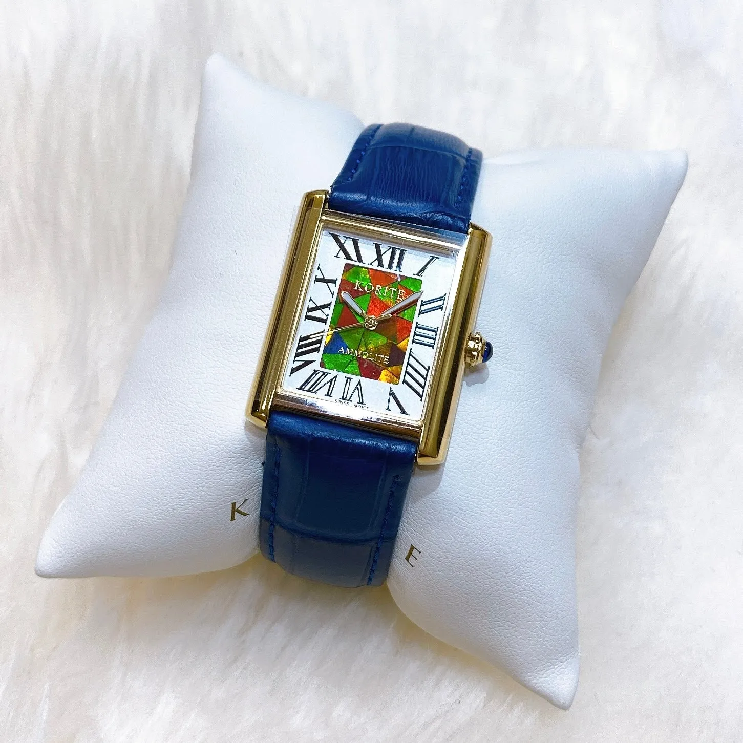 Ammolite Watch- Small- Roman Mosaic Rectangle Watch-Navy Blue Leather Strap (Korite)