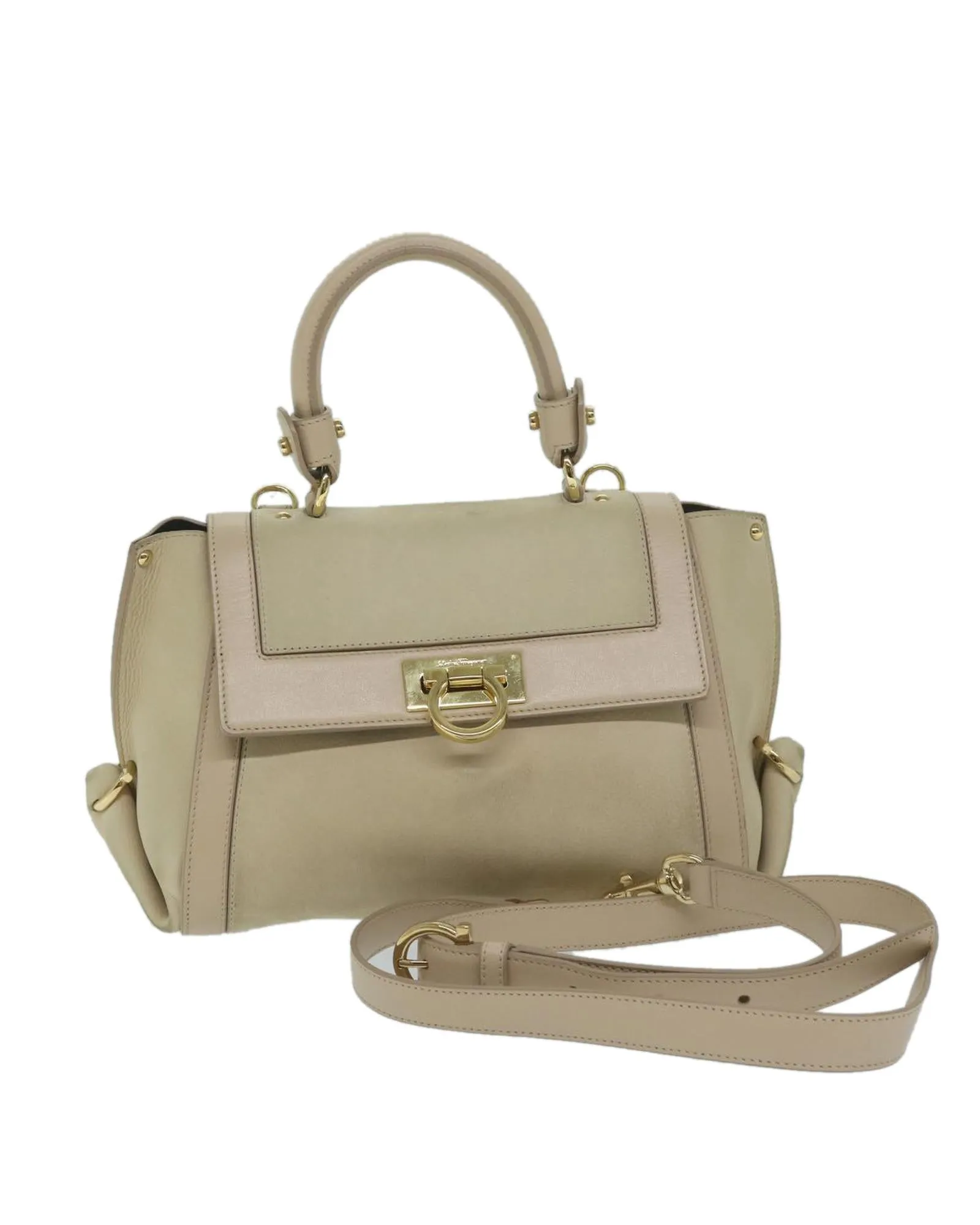 Beige Leather Gancini Shoulder Bag with Dust Bag and Shoulder Strap