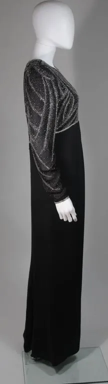 BILL BLASS Black Silk Long Sleeve Beaded Gown Size 10