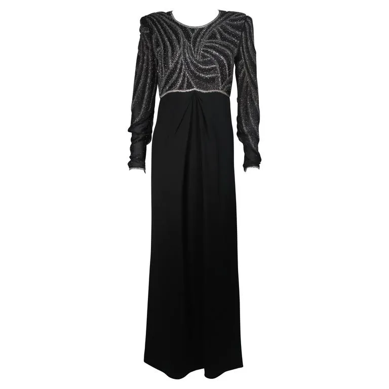 BILL BLASS Black Silk Long Sleeve Beaded Gown Size 10