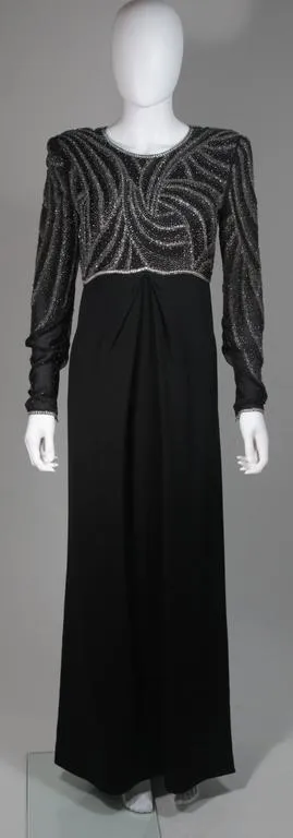 BILL BLASS Black Silk Long Sleeve Beaded Gown Size 10