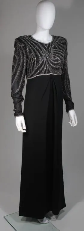 BILL BLASS Black Silk Long Sleeve Beaded Gown Size 10