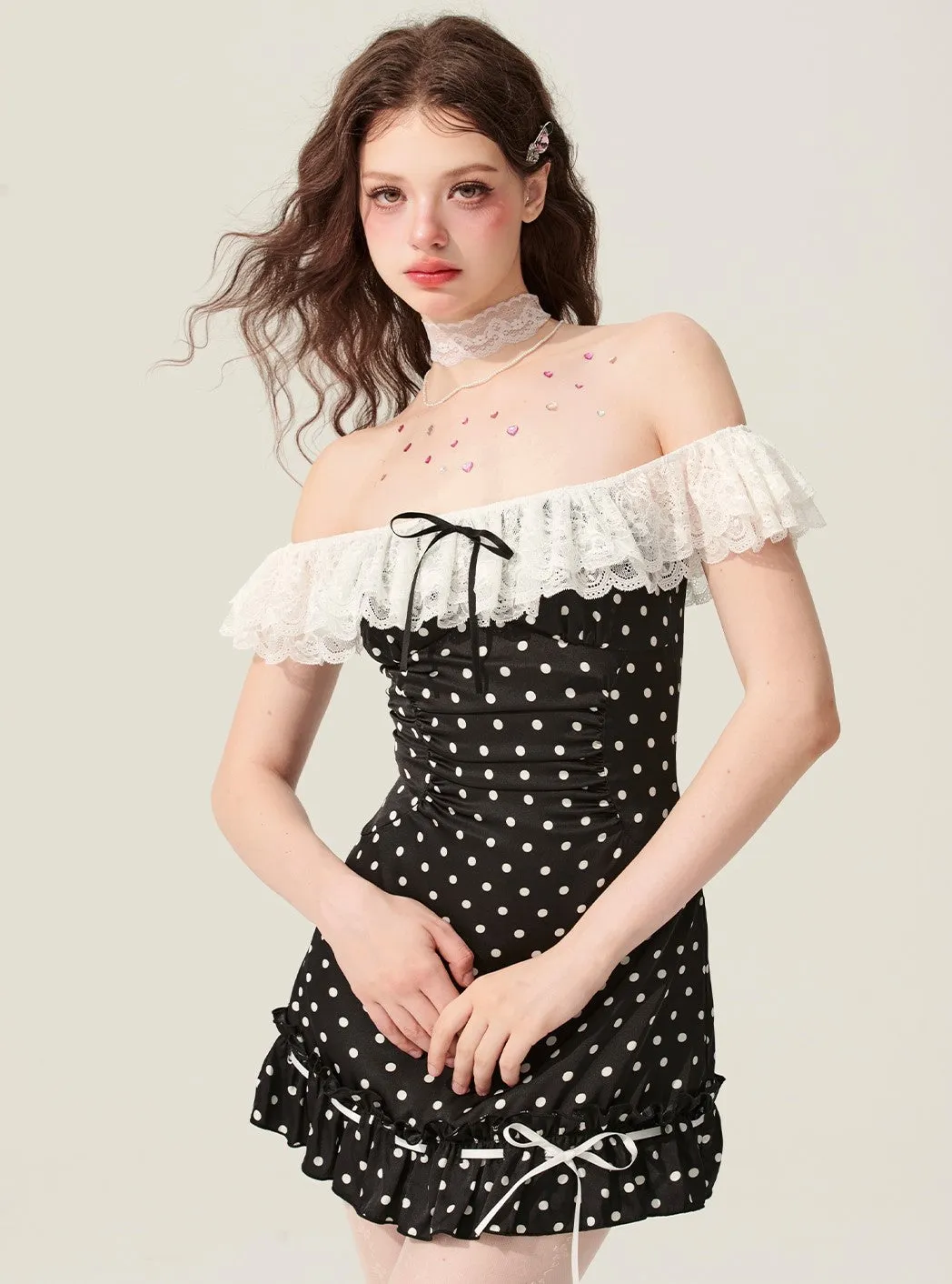 Black One-shoulder Polka Dot Dress DIA0176