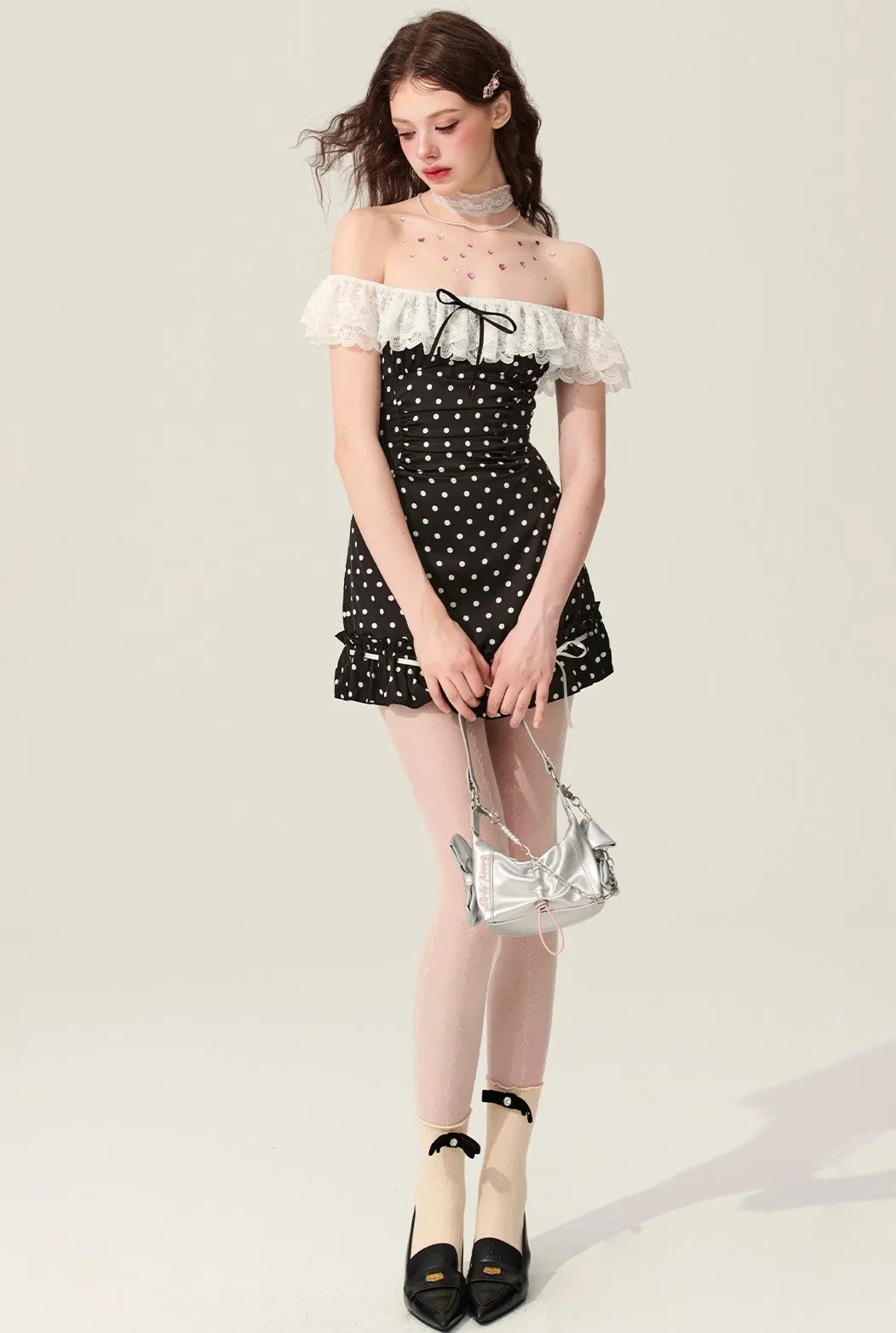 Black One-shoulder Polka Dot Dress DIA0176