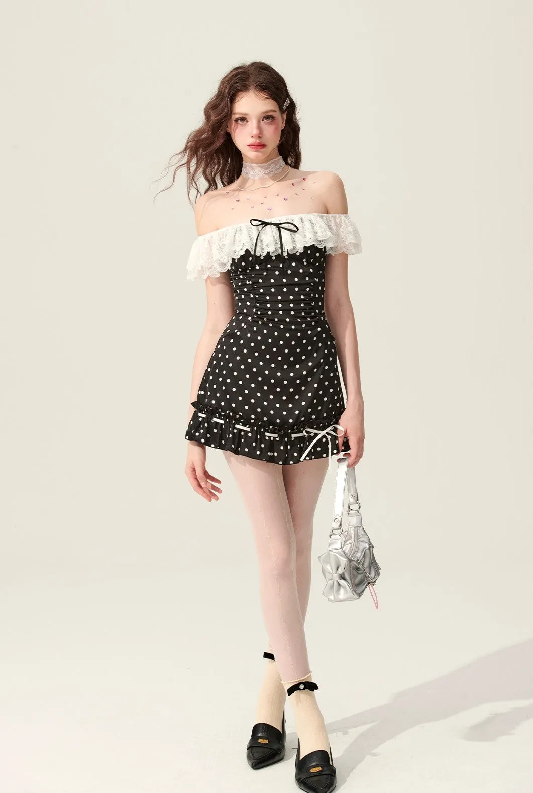 Black One-shoulder Polka Dot Dress DIA0176