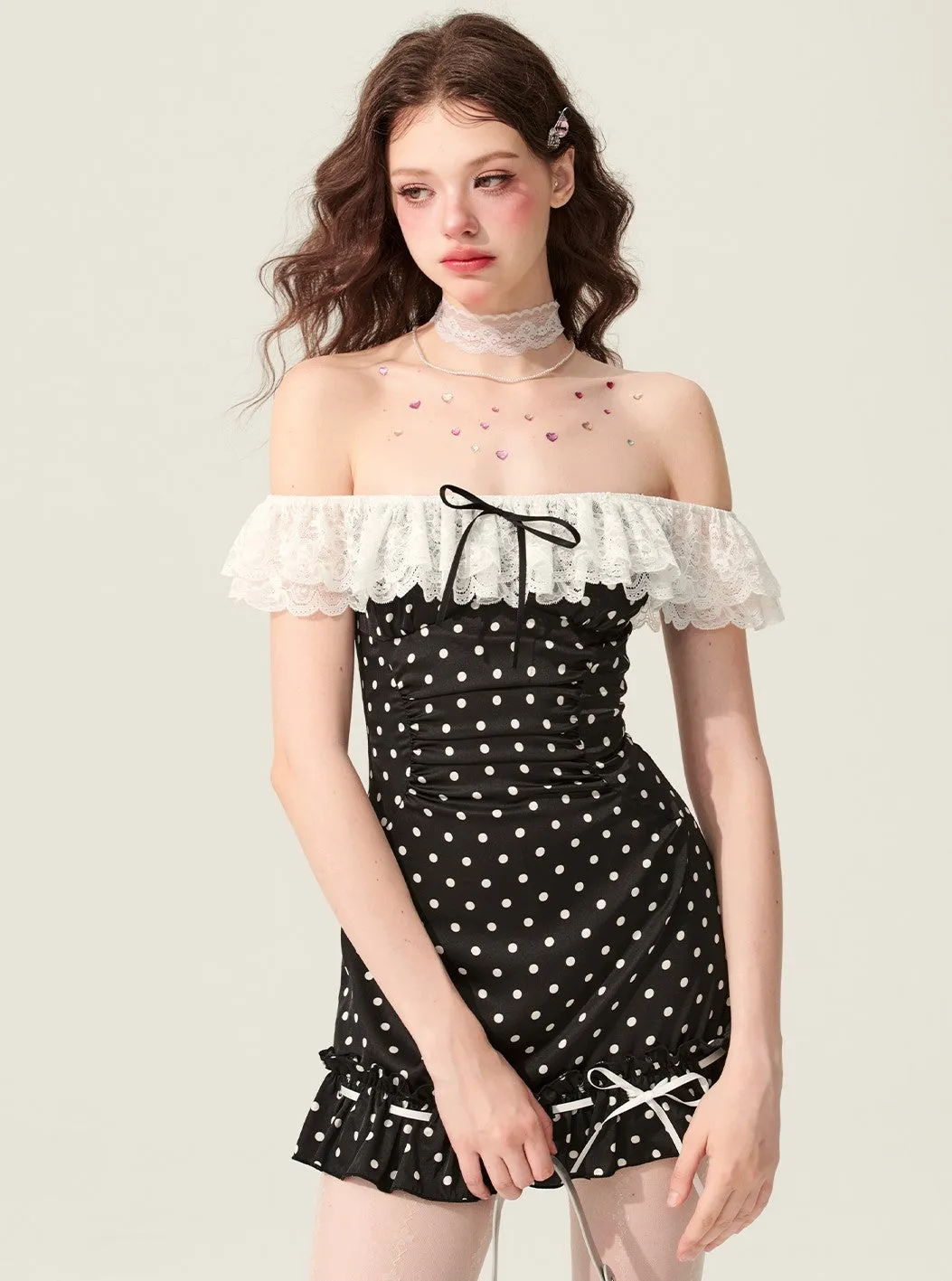 Black One-shoulder Polka Dot Dress DIA0176