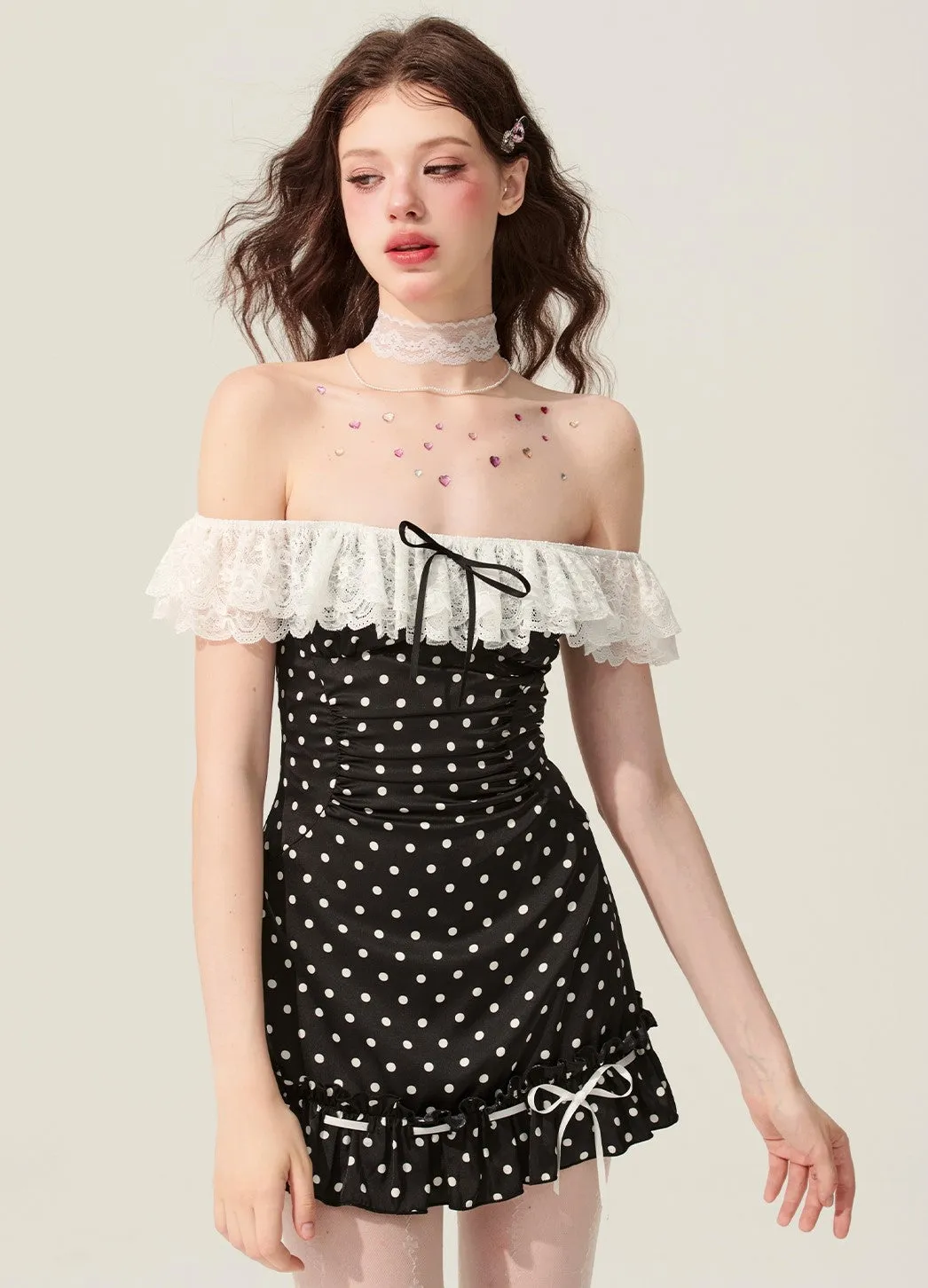 Black One-shoulder Polka Dot Dress DIA0176