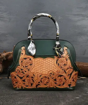 Boutique Blackish Green Print Patchwork Calf Leather Tote Handbag