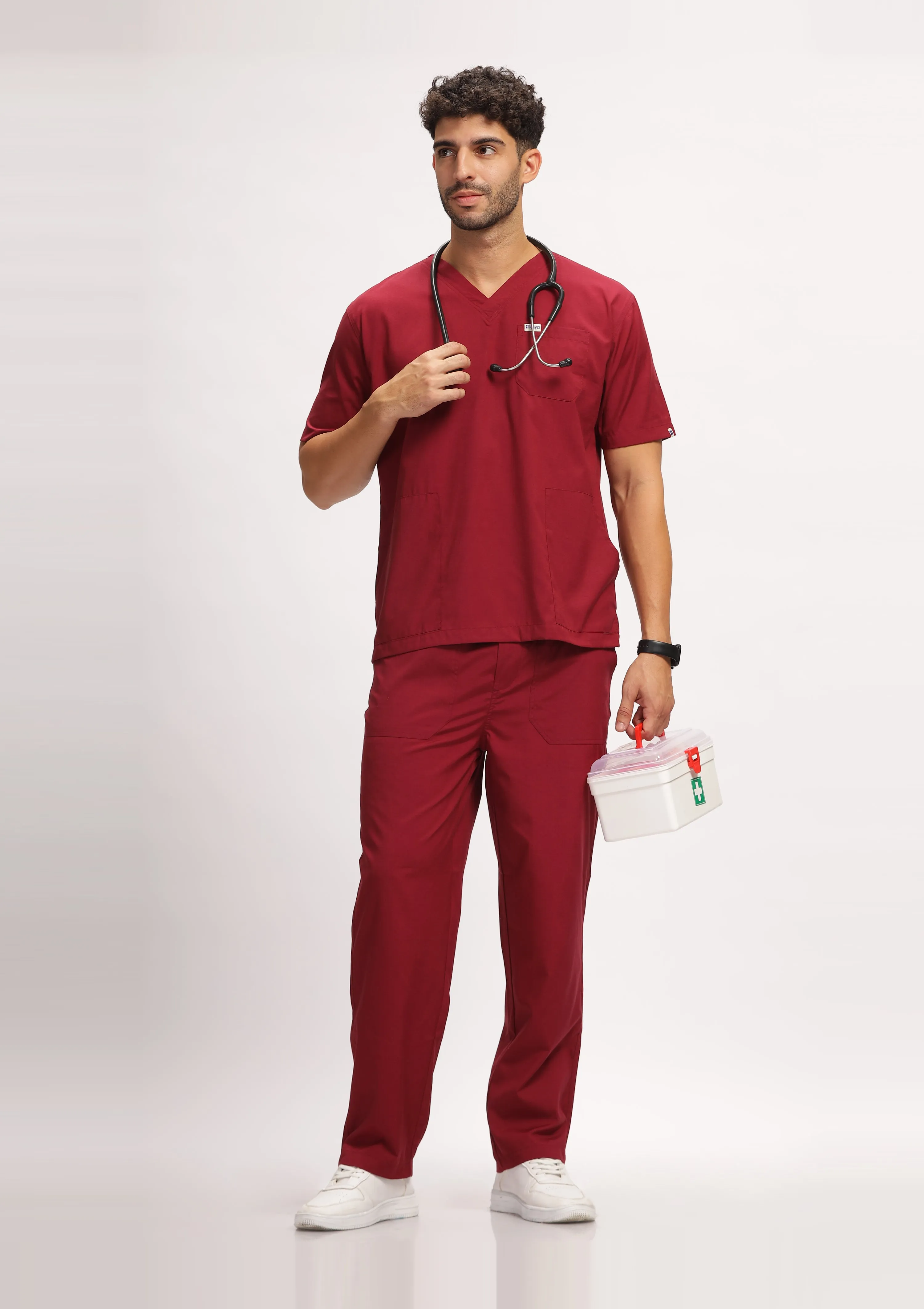 Classic Men's V-neck (Maroon) Scrub - Bundle Set