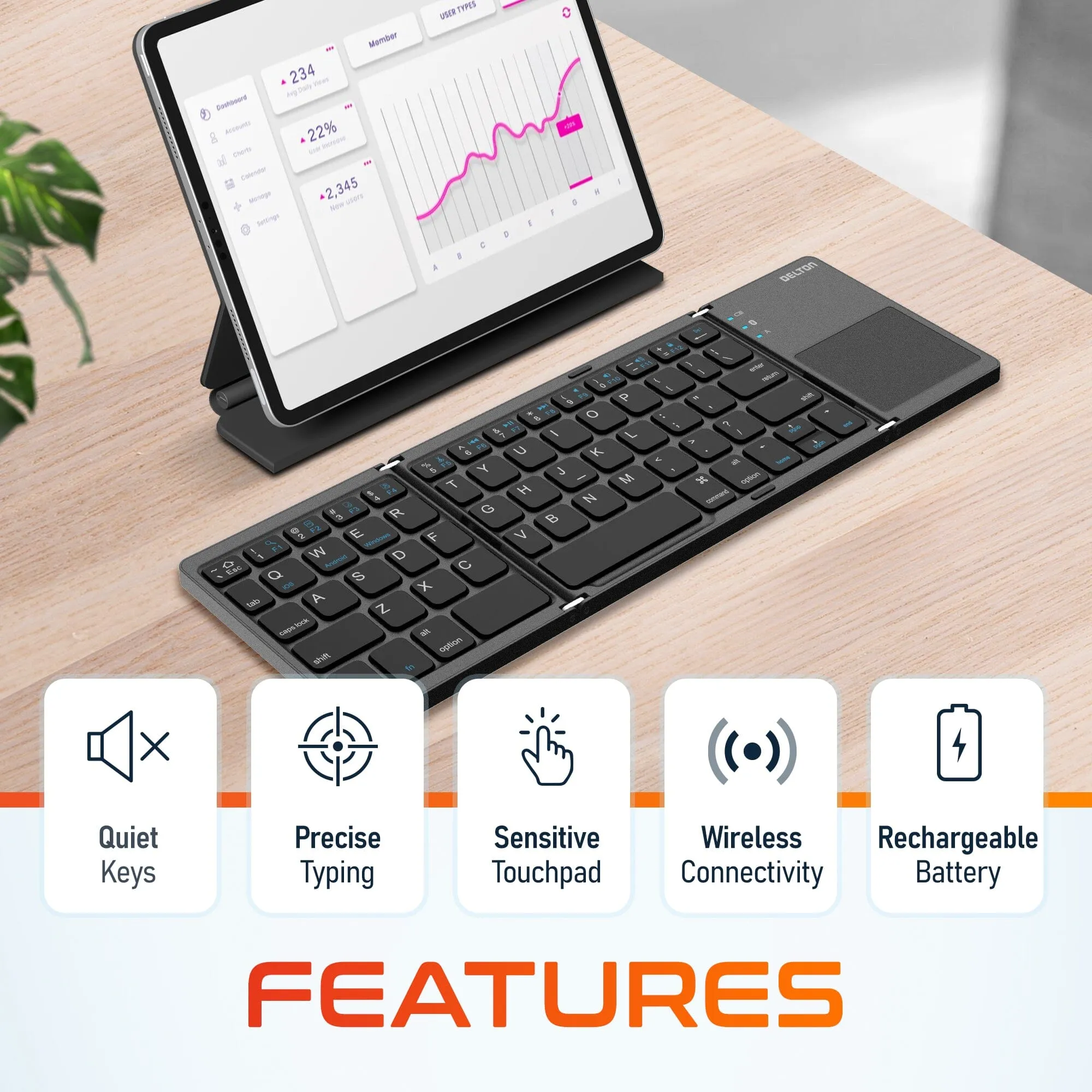 Delton F75 Bluetooth Keyboard with Sensitive Touchpad, Portable & Folding Design, Rechargeable Wireless Keyboard, Compatible with PC/Laptop, iMac, Tablets, Smartphones and More - Black