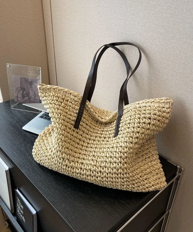 DIY Beige Zip Up Patchwork Straw Woven Satchel Bag Handbag