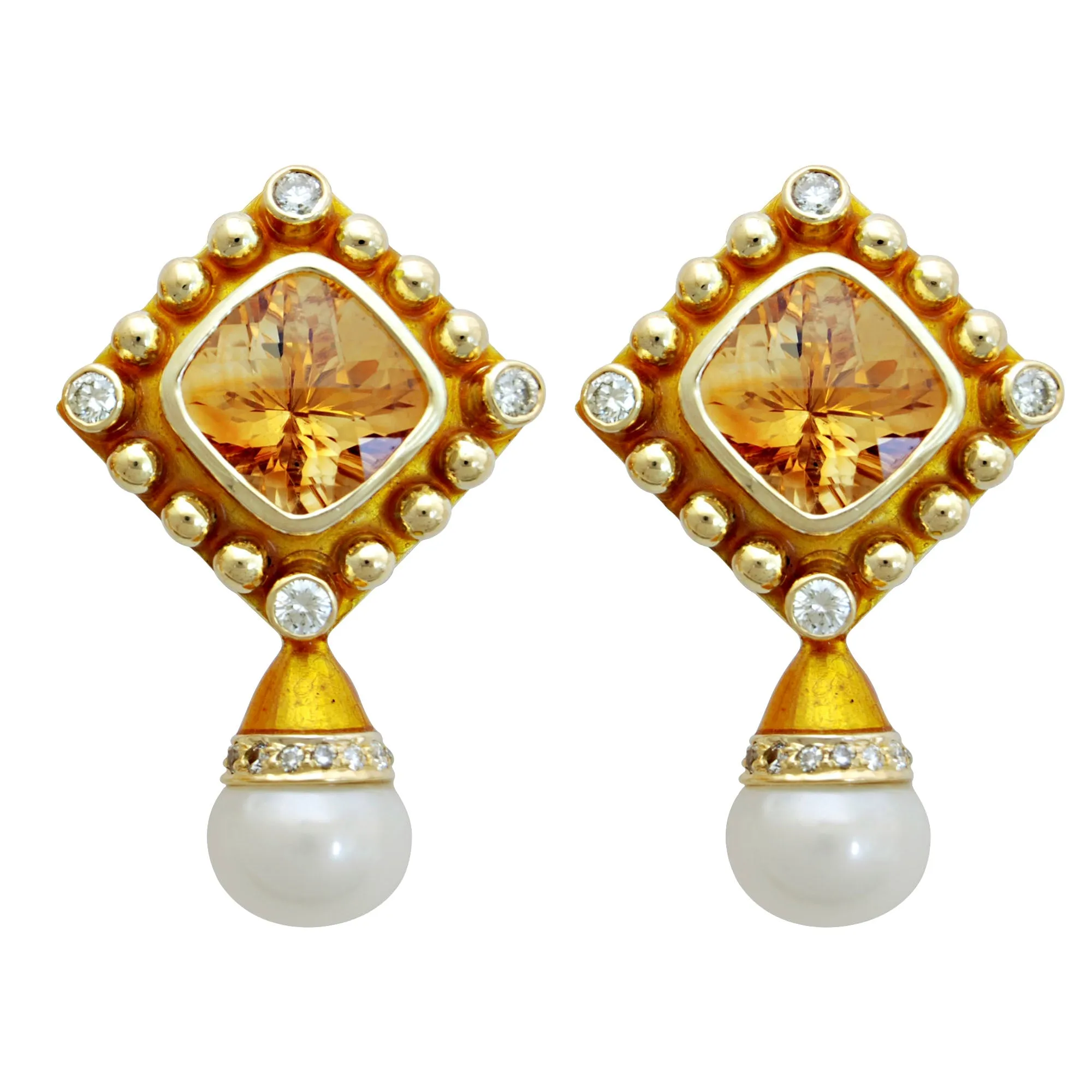 Earrings - Citrine, Pearl & Diamond (enamel) (1714E)