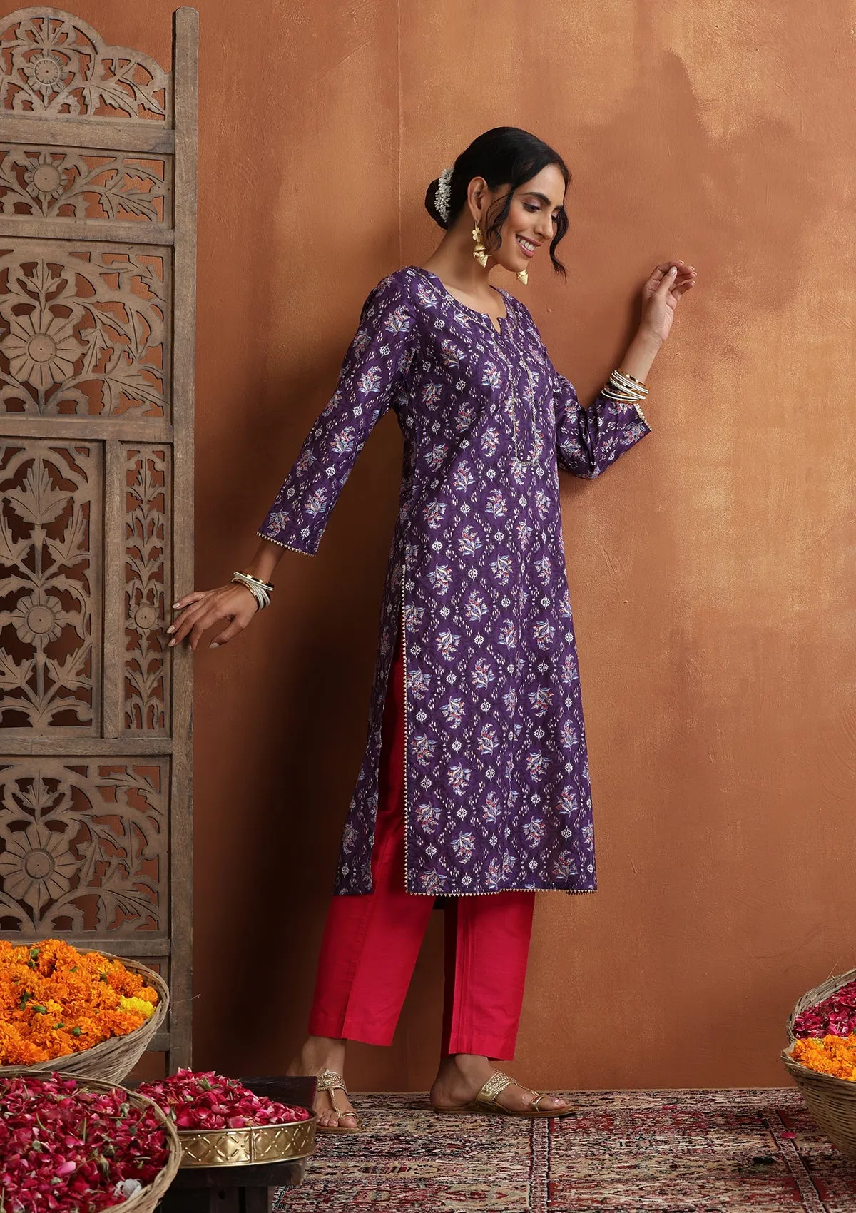 HOC Crafts Cotton hand embriodery printed Women's Long Kurta - Violet