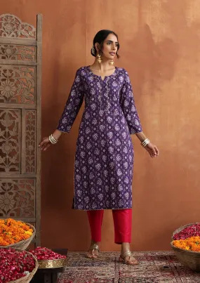 HOC Crafts Cotton hand embriodery printed Women's Long Kurta - Violet