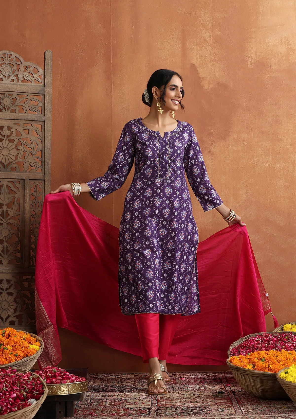 HOC Crafts Cotton hand embriodery printed Women's Long Kurta - Violet