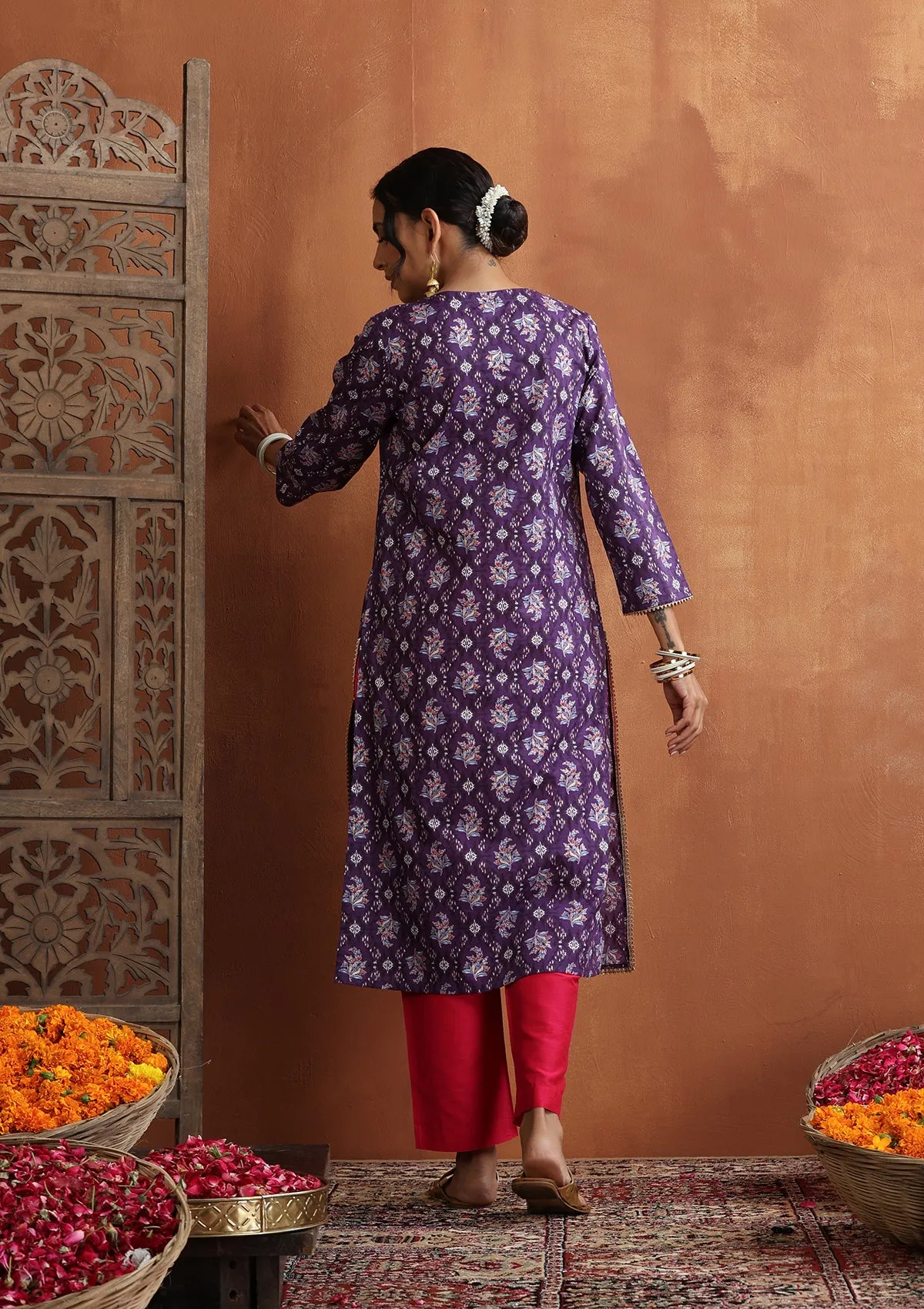 HOC Crafts Cotton hand embriodery printed Women's Long Kurta - Violet