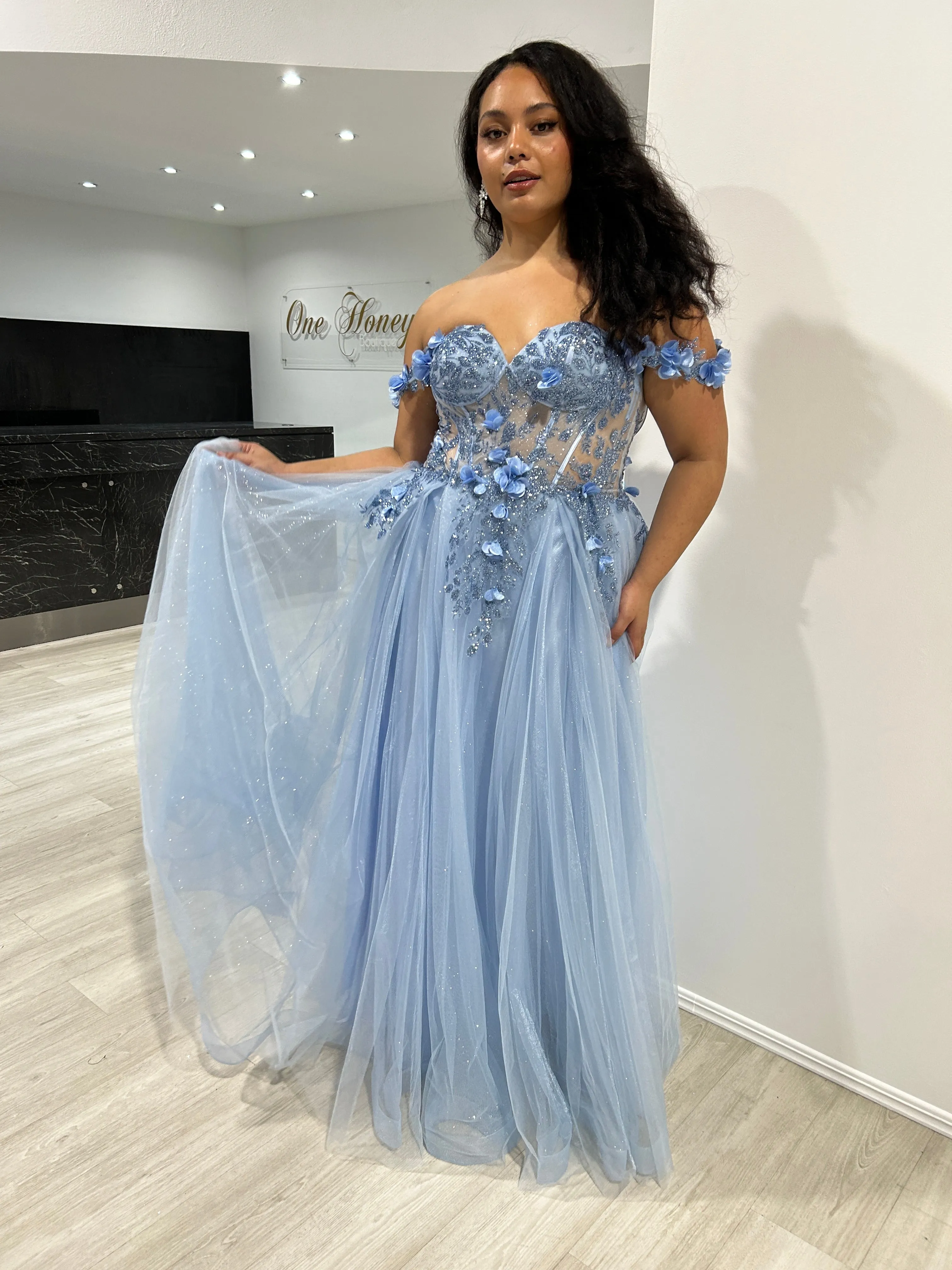 Honey Couture KARRISA Blue Glitter off the Shoulder A-Line Formal Dress