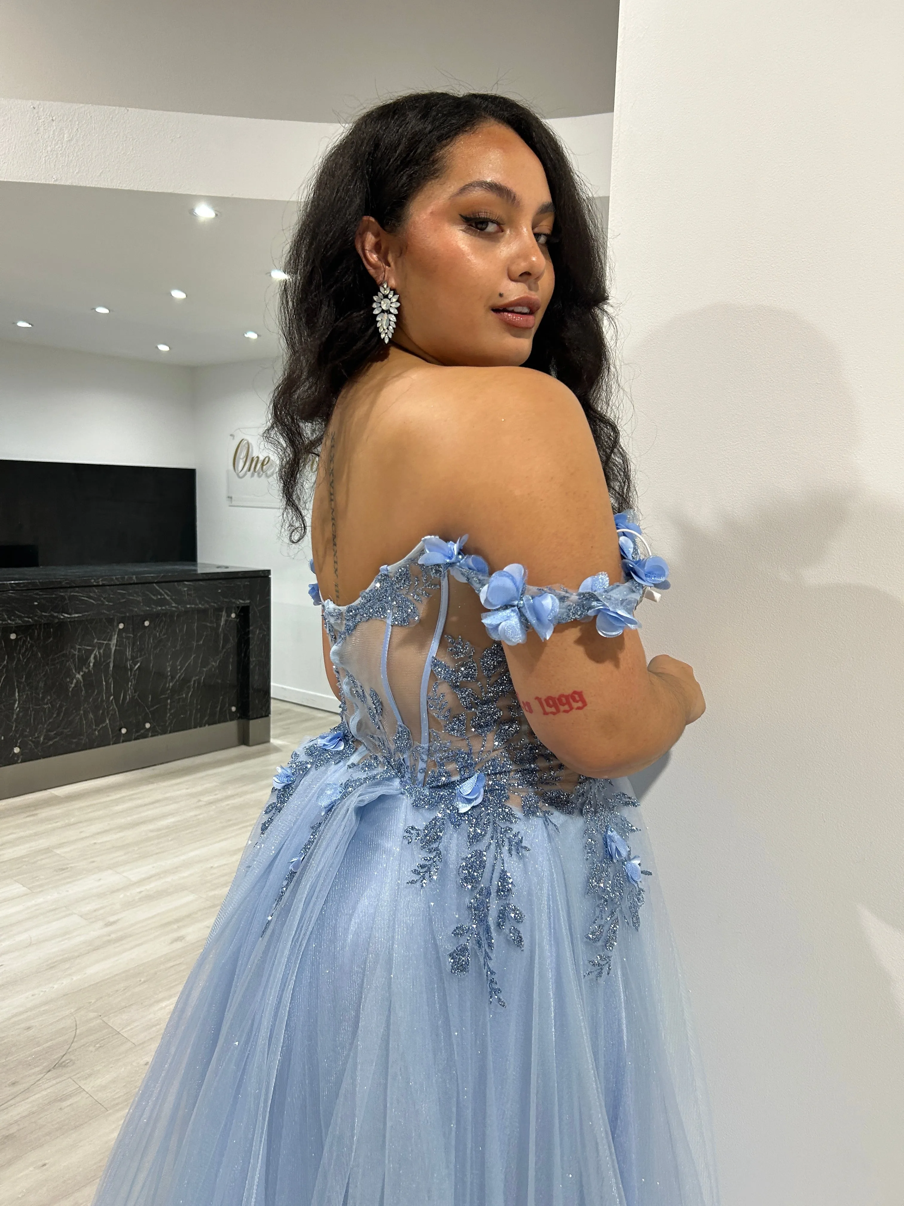 Honey Couture KARRISA Blue Glitter off the Shoulder A-Line Formal Dress