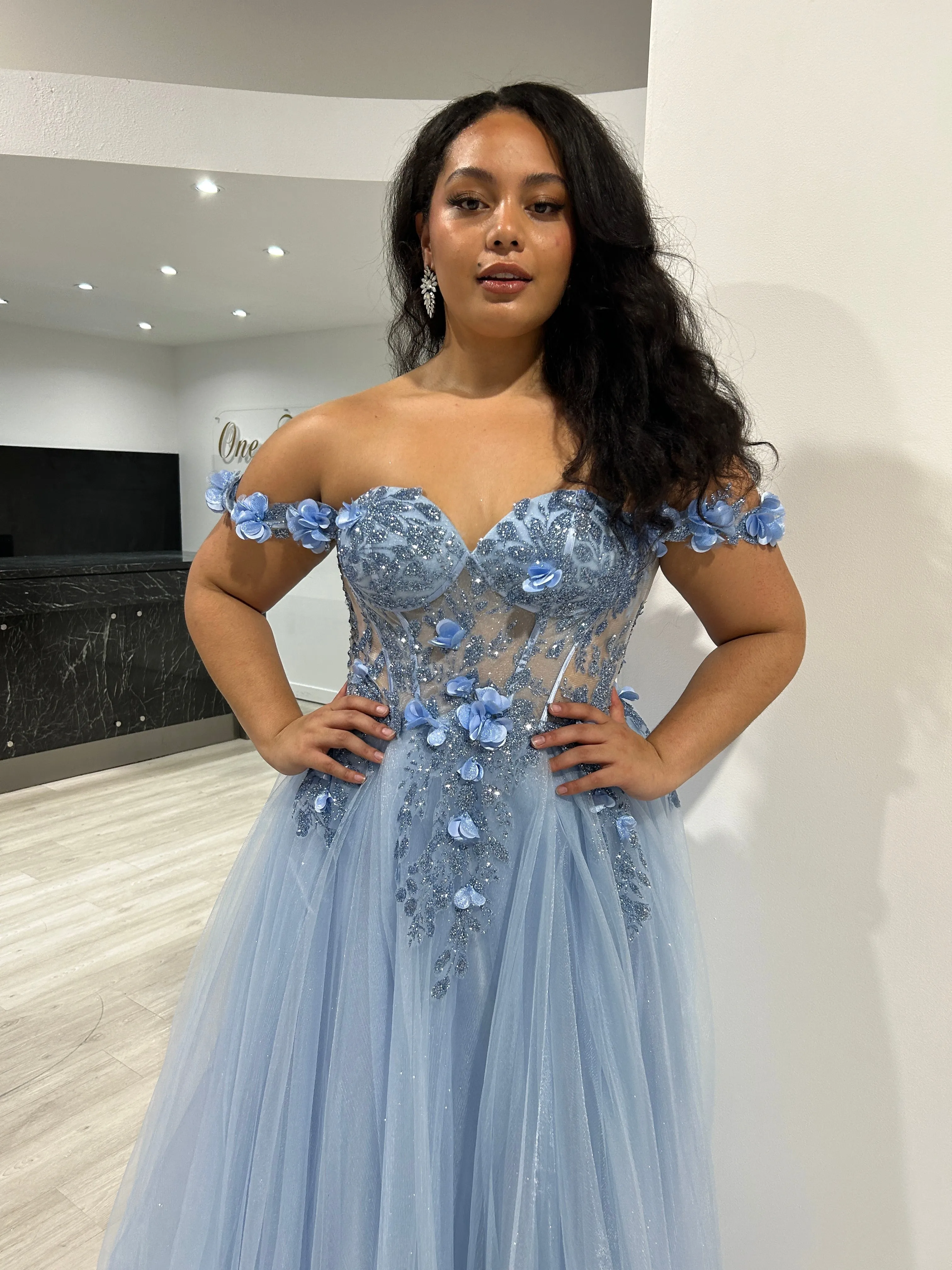 Honey Couture KARRISA Blue Glitter off the Shoulder A-Line Formal Dress