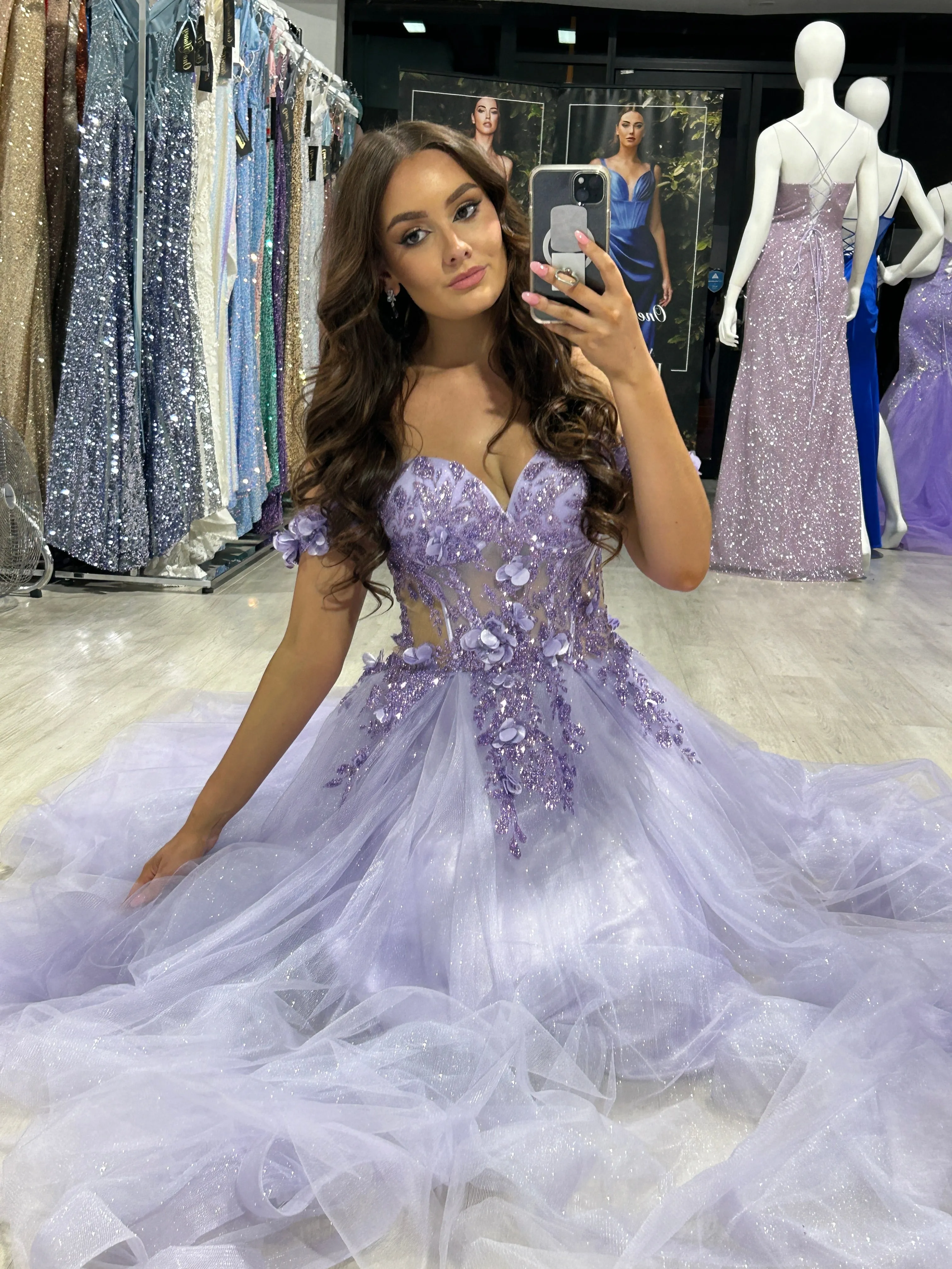 Honey Couture KARRISA Lavender Glitter off the Shoulder A-Line Formal Dress