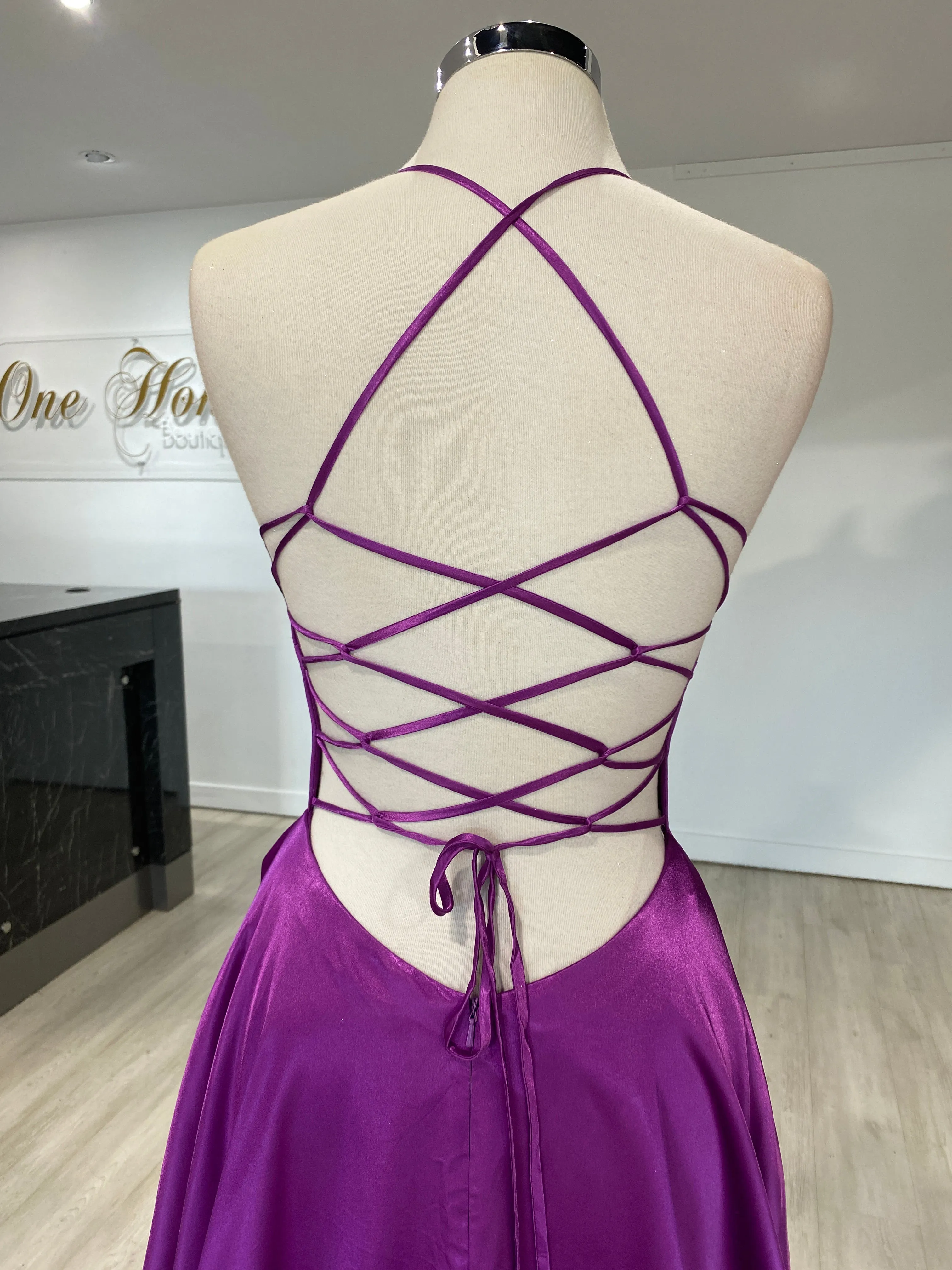 Honey Couture LUCINDA Lace Up Back Satin A Line Formal Dress