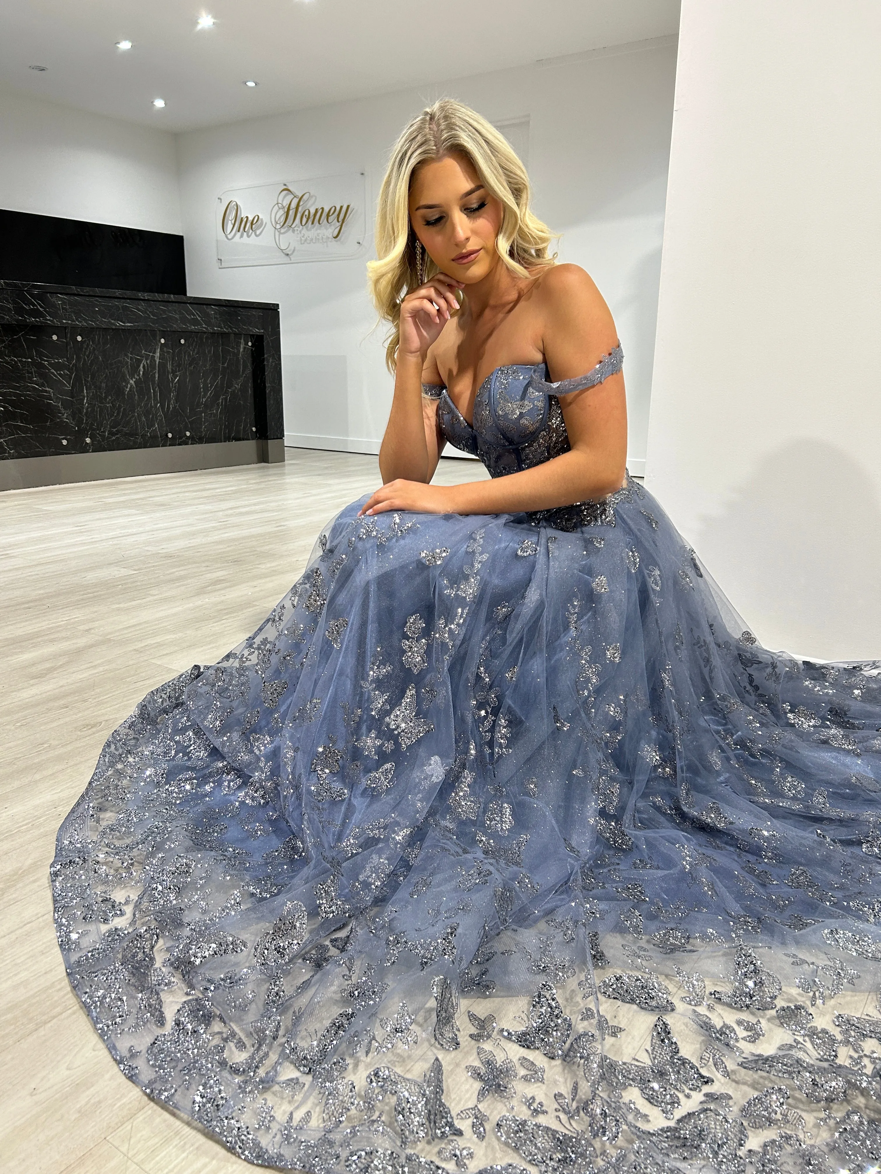 Honey Couture MIST Smokey Blue Glitter Off The Shoulder A-Line Formal Dress