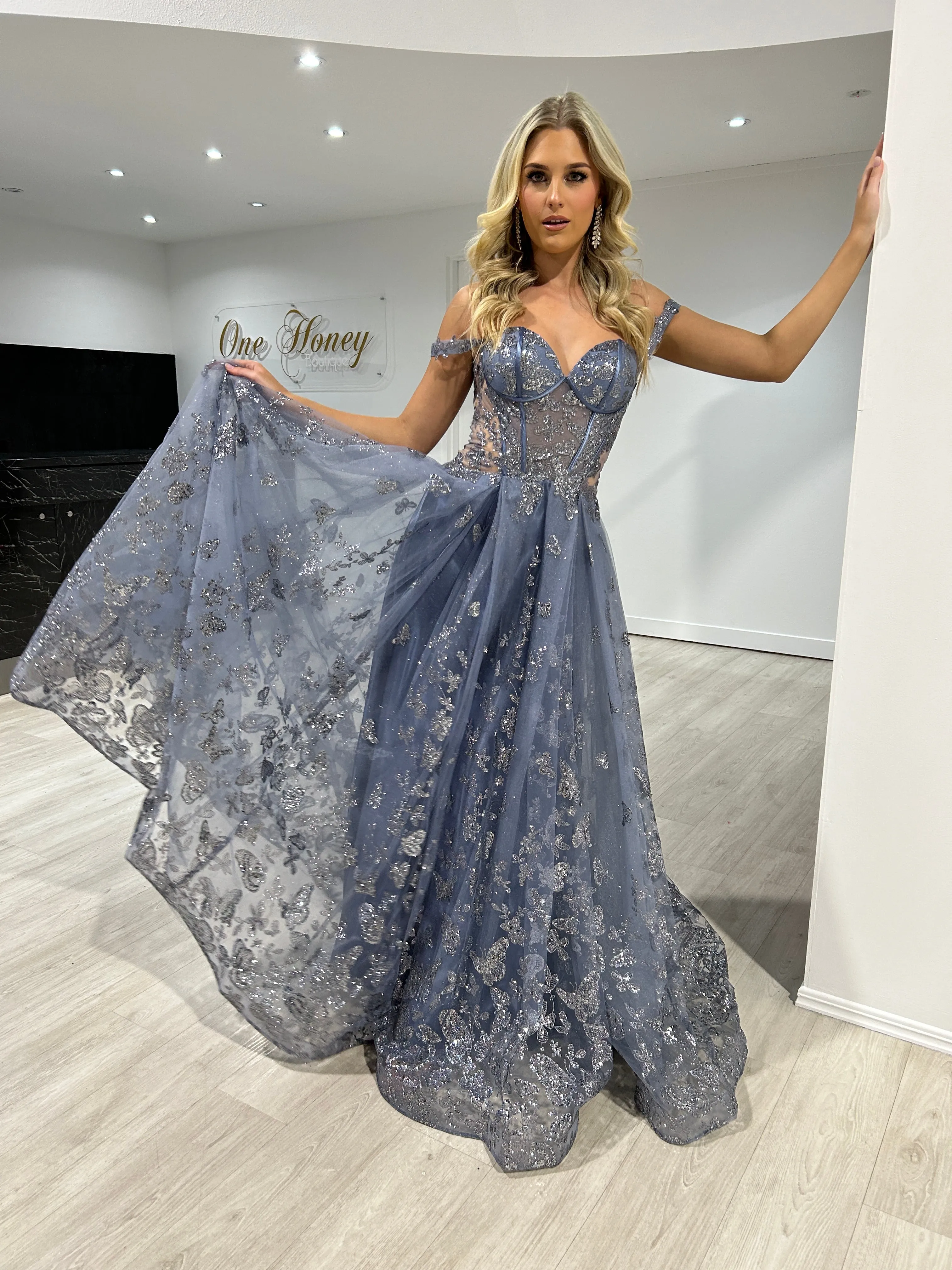 Honey Couture MIST Smokey Blue Glitter Off The Shoulder A-Line Formal Dress