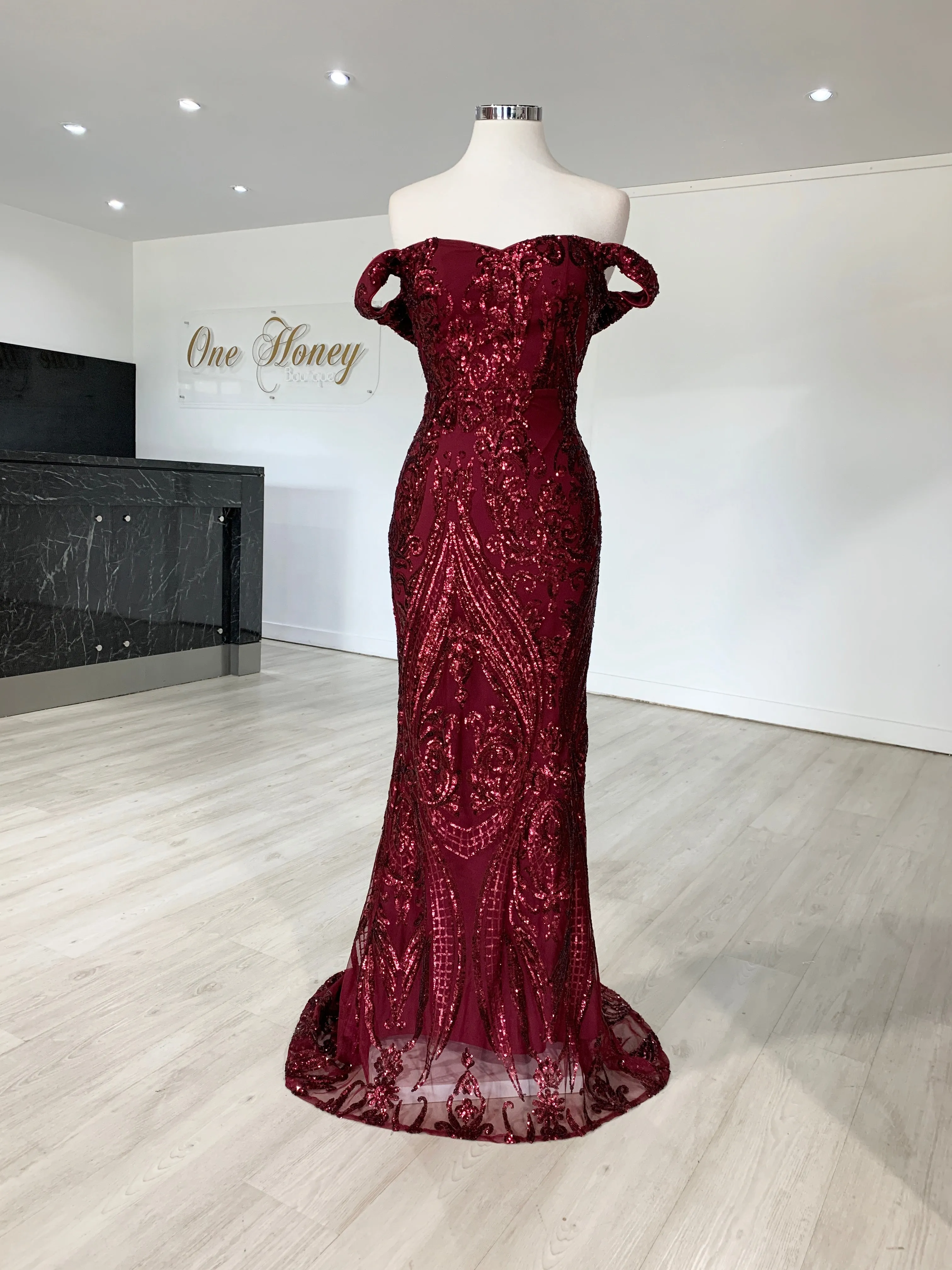 Honey Couture NISHIN Burgundy Off Shoulder Sequin Evening Gown Dress