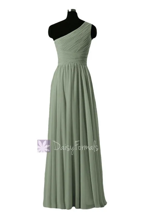 In stock,Ready to Ship - Long One Shoulder Bridesmaid Dress Green Chiffon Party Dress(BM351L) - (Xanadu, Sz4)