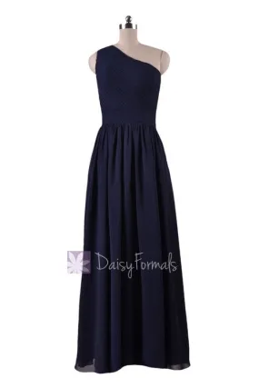 In stock,Ready to Ship -Navy Blue One-Shoulder Long Party Dress Chiffon Bridesmaid Dress(BM122) - (#35 Navy, Sz6)