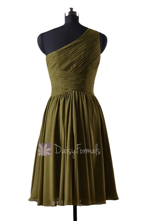 In stock,Ready to Ship - Short One Shoulder Chiffon Bridesmaid Dress (BM351) - (#28 Dark Olive)