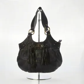 Just Cavalli Black Leather Shoulder Bag. Mock Croc Pattern Detail and Tassles