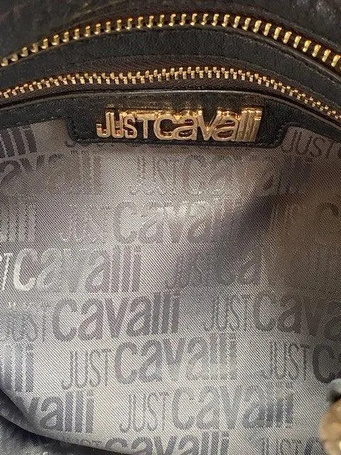 Just Cavalli Black Leather Shoulder Bag. Mock Croc Pattern Detail and Tassles