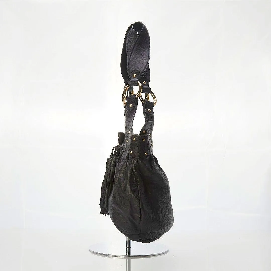 Just Cavalli Black Leather Shoulder Bag. Mock Croc Pattern Detail and Tassles