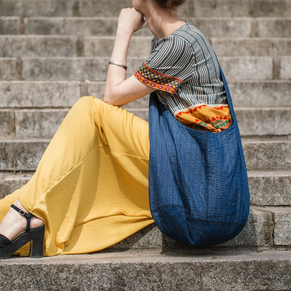 Large Denim Sling Cross Body Bag