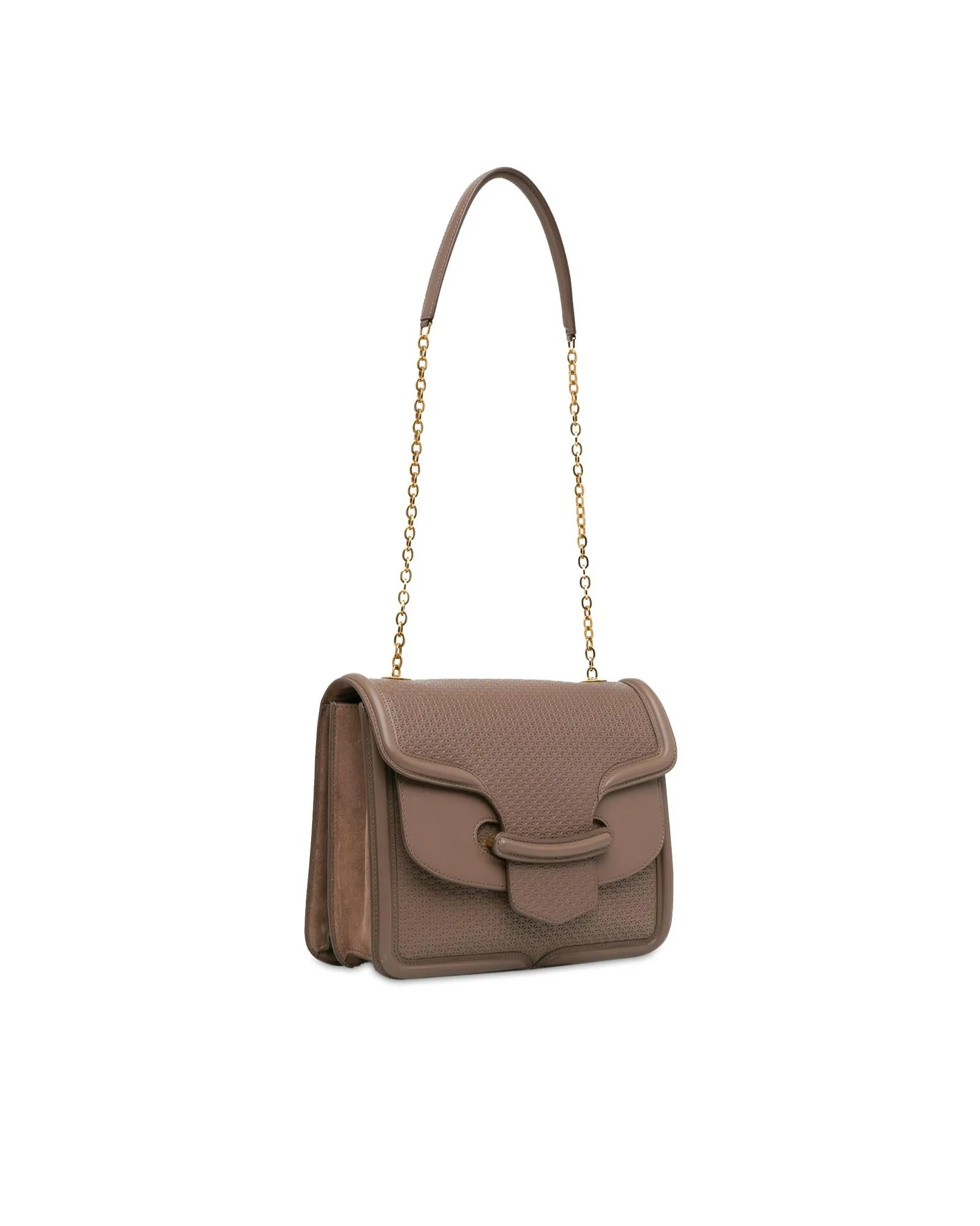 Leather Shoulder Bag with Chain-Link Strap and Flap Closure