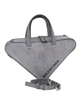 Leather Triangle Duffle Hand Bag with Shoulder Strap - Silver