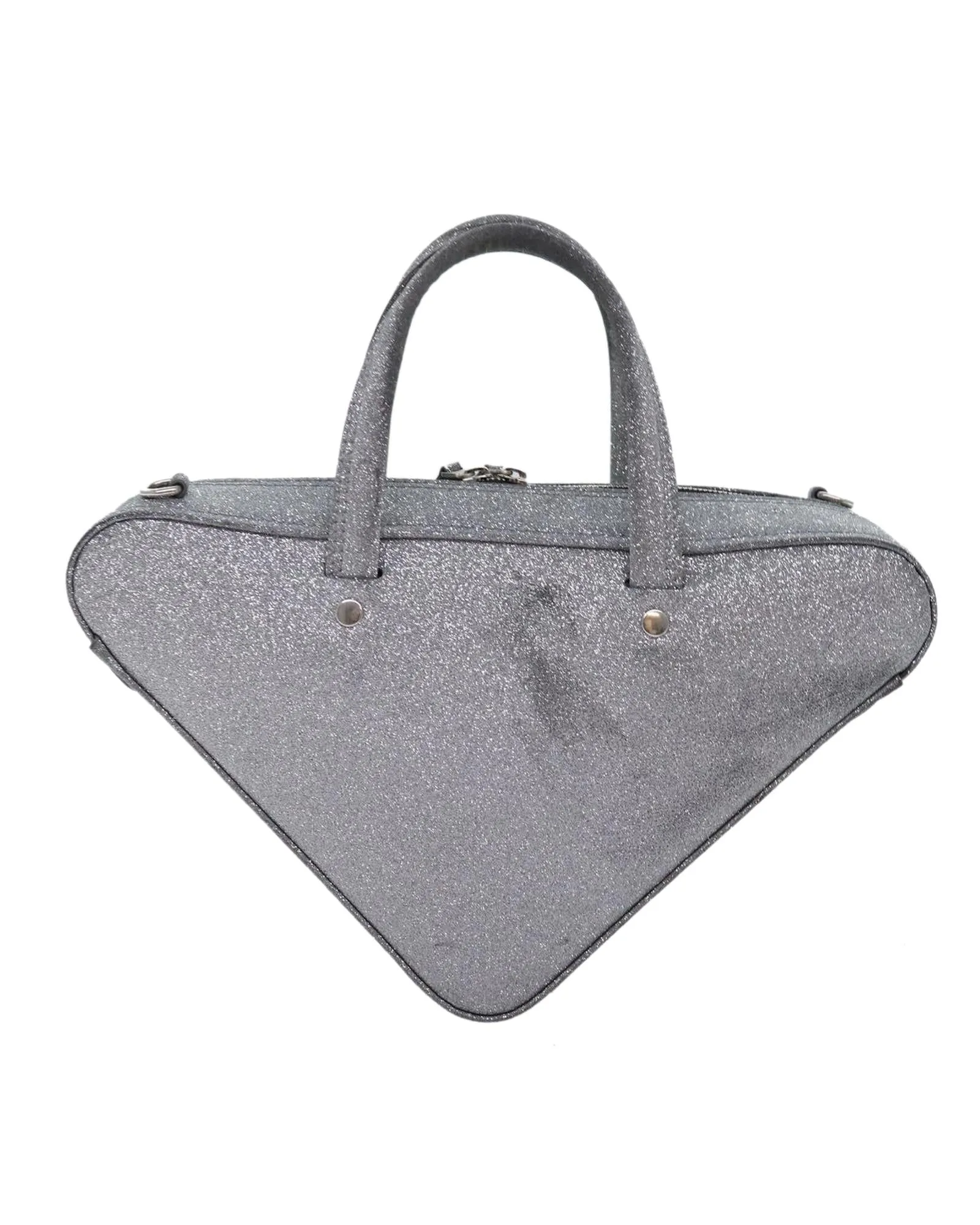 Leather Triangle Duffle Hand Bag with Shoulder Strap - Silver